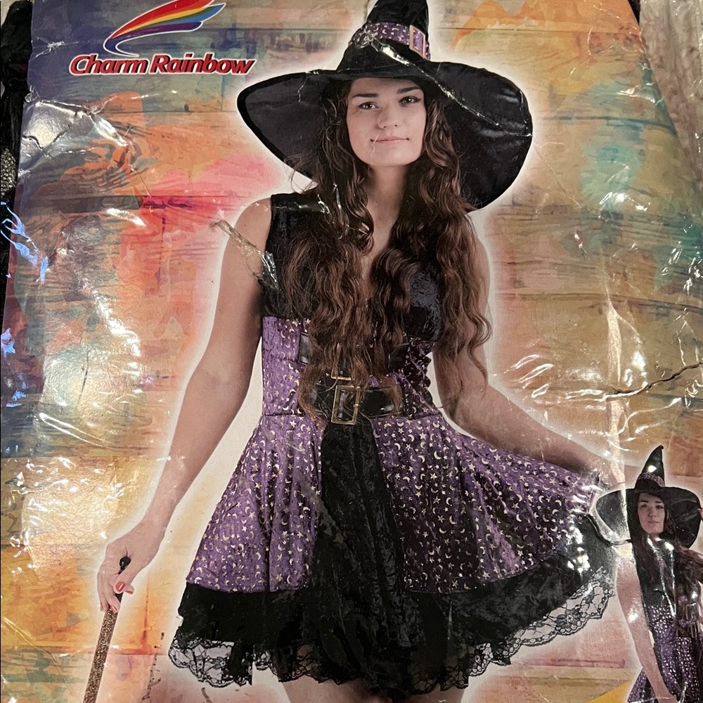 Halloween costume Charm Rainbow Purple Witch Costume Dress with Hat